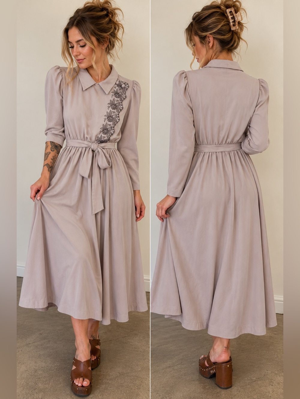 Vintage Jennifer Gee 70s Mauve Floral Lace Belted Midi Dress Size 16 USA Teacher